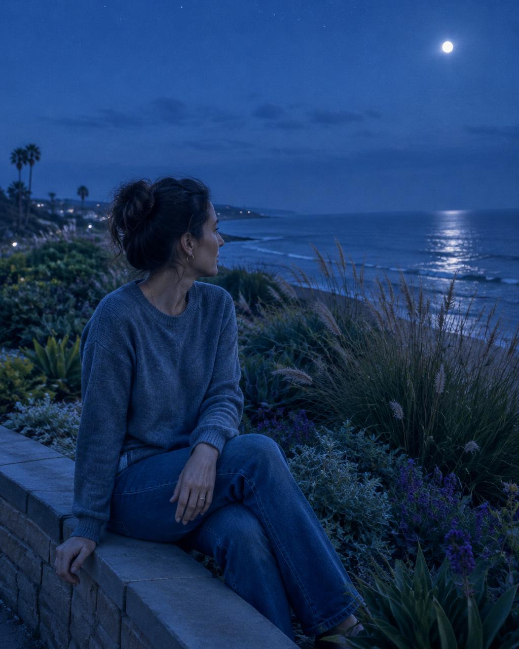 An adult seated on a coastal garden wall noticing the ocean in cool moonlight