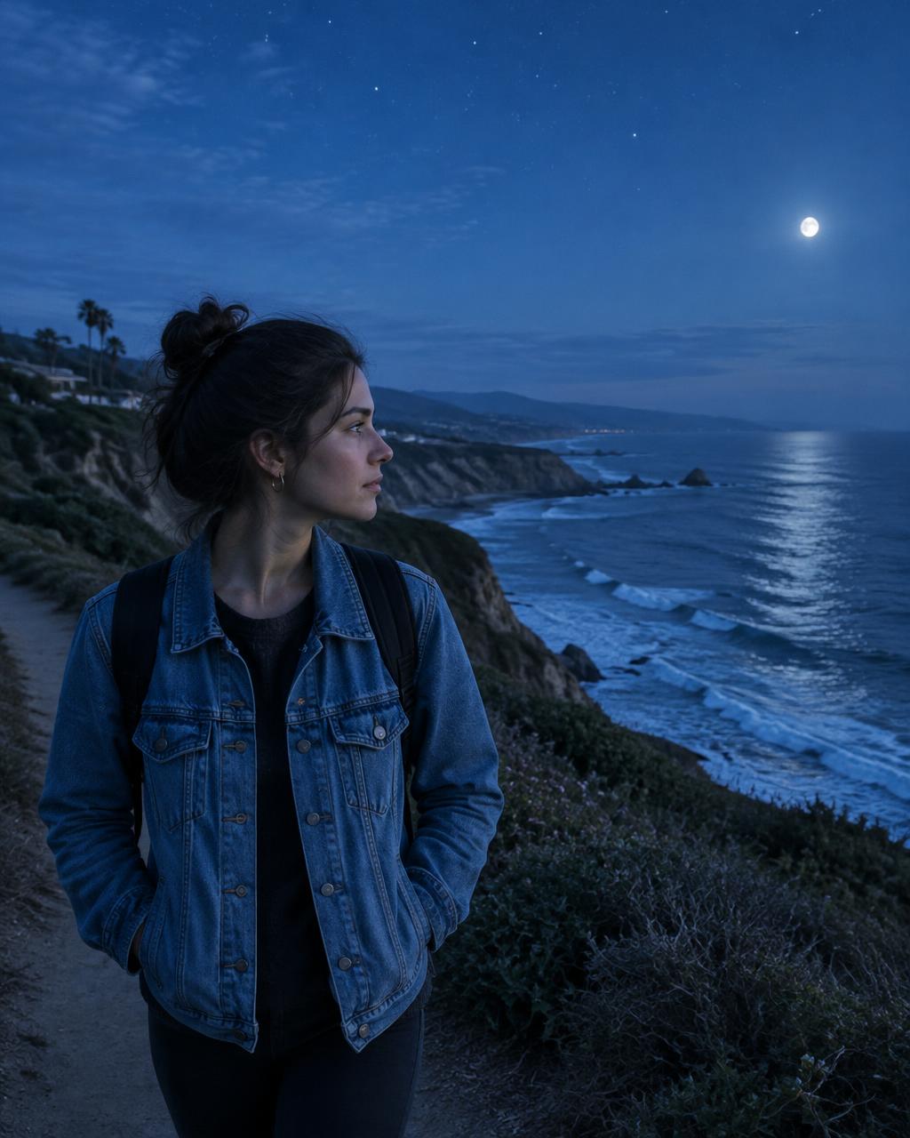 A young adult pausing on a moonlit coastal trail and looking toward the ocean