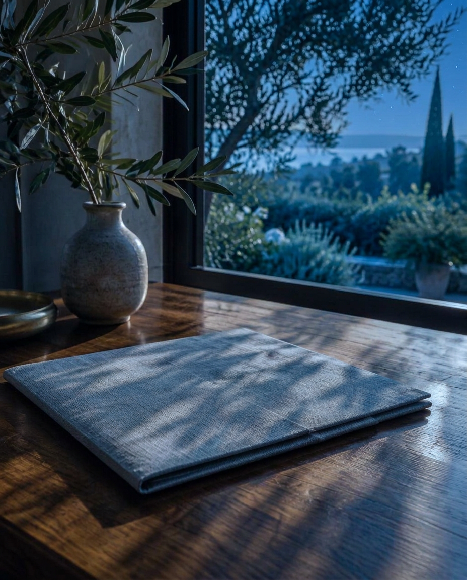 A closed linen folder on a warmly lit desk