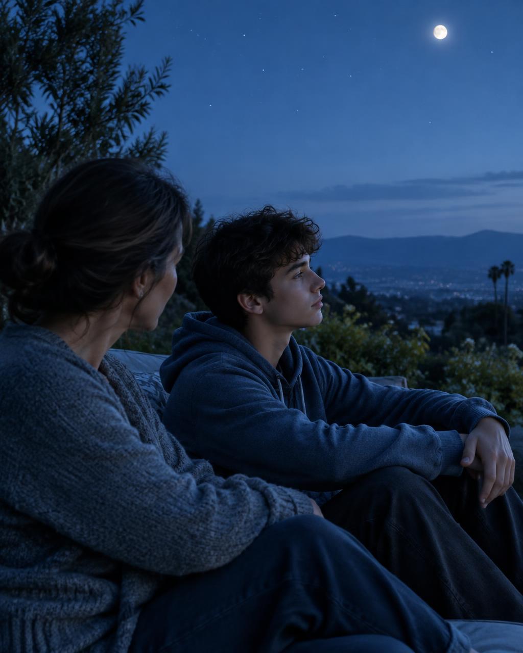 A teen and parent seated on a terrace looking toward hills at blue hour