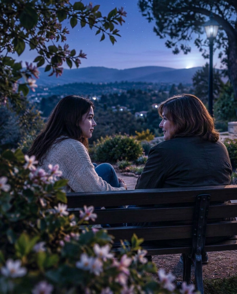 A young adult and parent talking calmly on a park bench at dusk