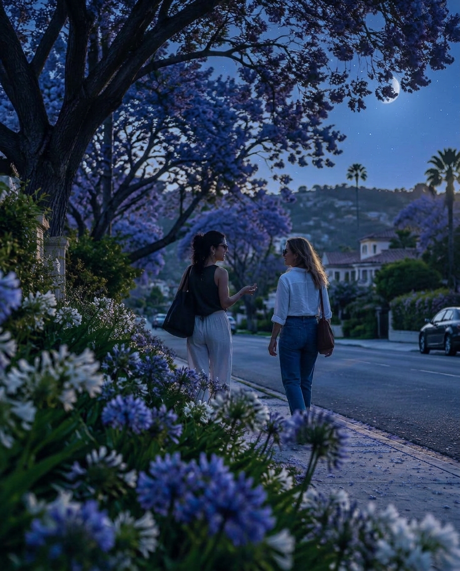 Two adults talking on a neighborhood walk at sunset