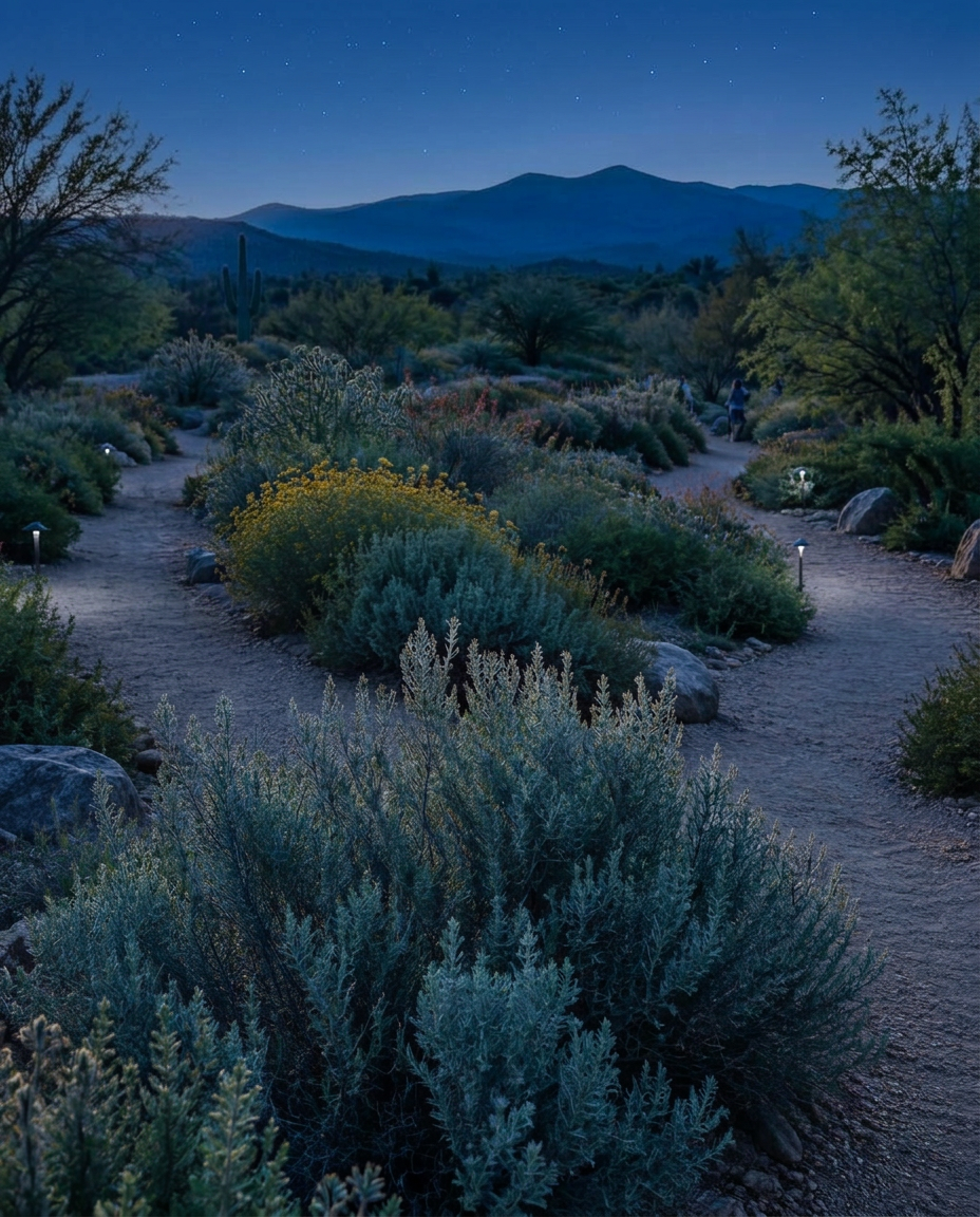 Branching garden paths in warm sunset light