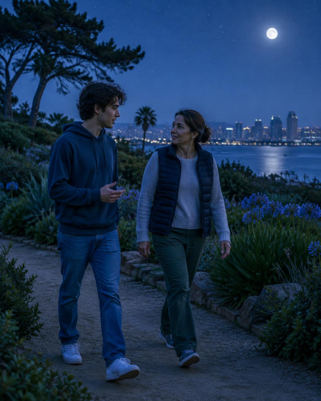 A young adult and relative talking while walking beside a moonlit coastal garden