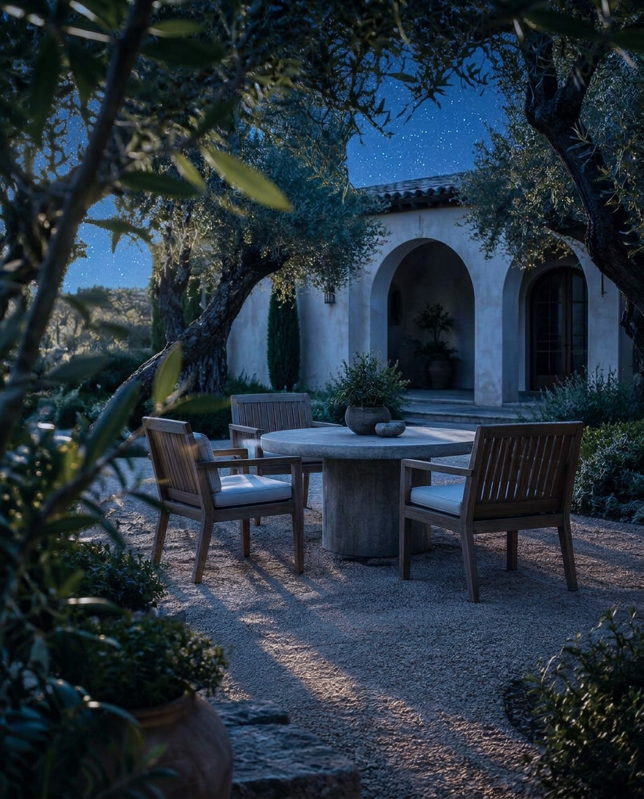 Three chairs around a courtyard table in golden-hour light