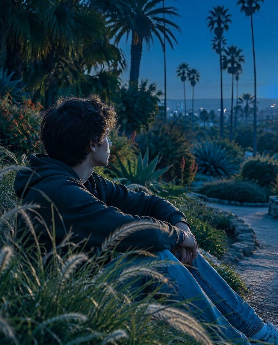A teenager walking with a parent along the coast at dusk