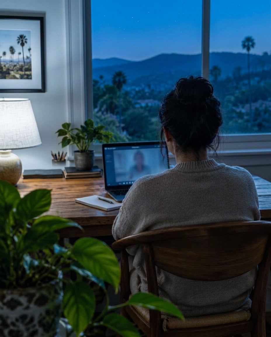 An adult at a laptop beside a warmly lit window, seen from behind