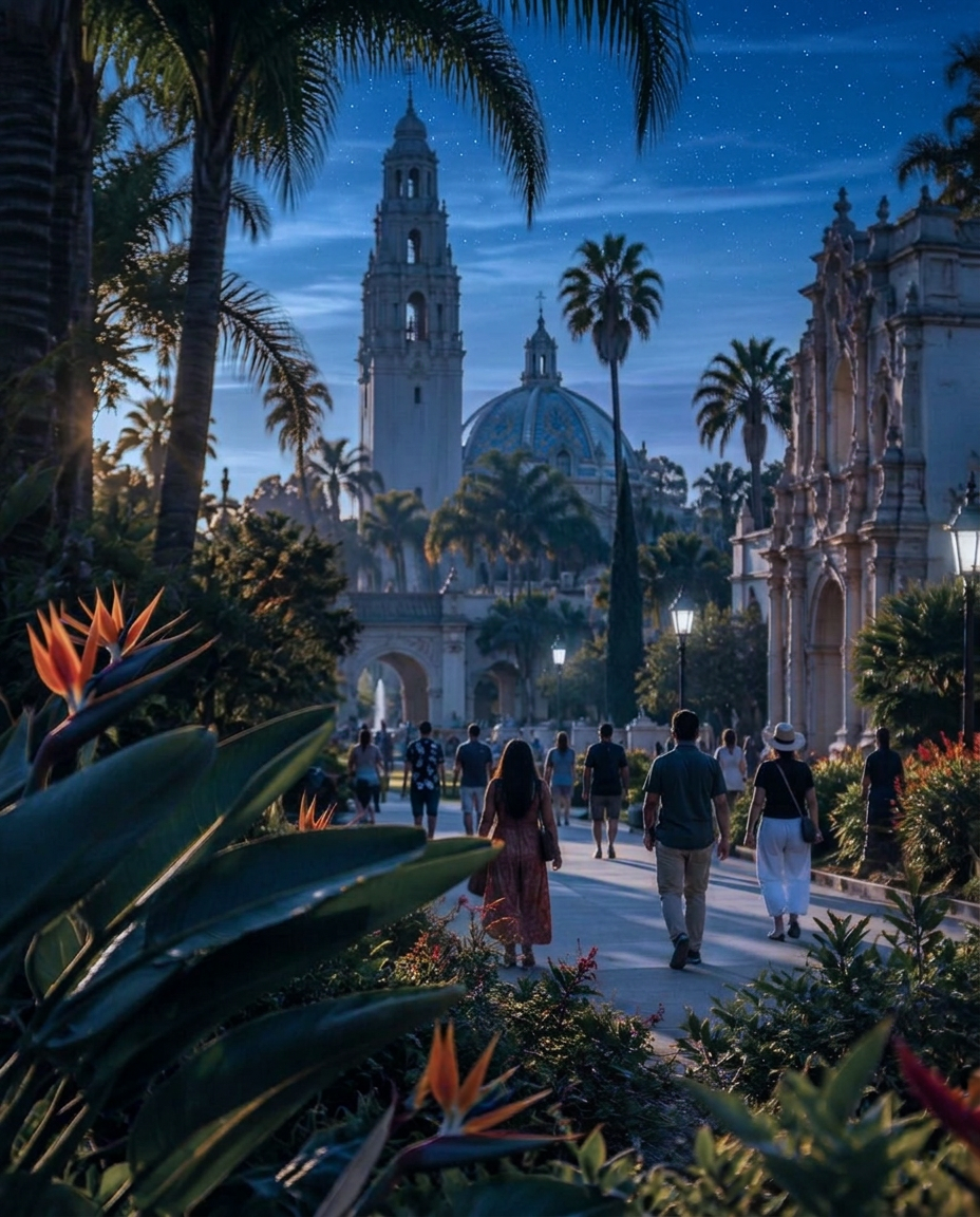 People walking through Balboa Park in golden-hour light