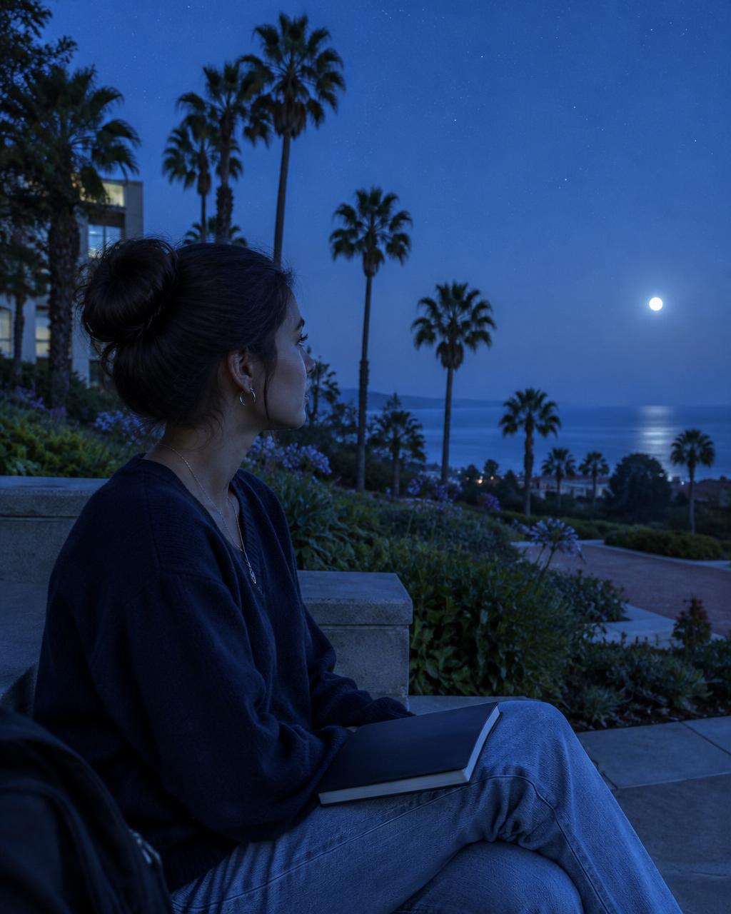A college-age adult with a notebook looking toward palms and the ocean at blue hour
