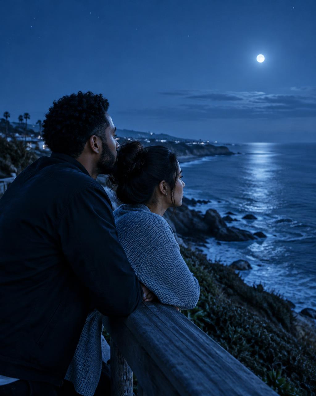 A young couple looking toward the moonlit ocean from a coastal railing